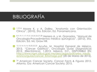 BIBLIOGRAFÍA
 1,2,3,4 Moore K. y A. Dalley, “Anatomía con Orientación
Clínica”, (2010), 5ta. Edición, Ed. Panamericana.
 8,9,19,11,17,19,21,23,25,26,27,28 Herrera A. y M. Granados, “Manual de
Oncología-Procedimientos médico quirúrgicos”, (2012), 5ta.
Edición, Ed. Mc Graw Hill.
 12,13,14,15,16,18,20,22,25 Acuña, M. Hospital General de México,
2013, “Cáncer Gástrico”, Oncología Guías Diagnósticas
2013, (Electrónico), 1.2013, México, D.F., DISPONIBLE EN:
http://www.hgm.salud.gob.mx/descargas/pdf/area_medic
a/onco/guias/cancer_Estomago.pdf (20 de Marzo de 2015).
 24 American Cancer Society. Cancer Facts & Figures 2015.
Atlanta, Ga: American Cancer Society; 2015.
 