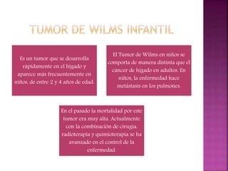Es un tumor que se desarrolla
rápidamente en el hígado y
aparece más frecuentemente en
niños, de entre 2 y 4 años de edad.

El Tumor de Wilms en niños se
comporta de manera distinta que el
cáncer de hígado en adultos. En
niños, la enfermedad hace
metástasis en los pulmones.

En el pasado la mortalidad por este
tumor era muy alta. Actualmente
con la combinación de cirugía,
radioterapia y quimioterapia se ha
avanzado en el control de la
enfermedad.

 