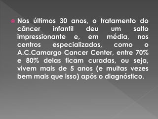  Nos últimos 30 anos, o tratamento do 
câncer infantil deu um salto 
impressionante e, em média, nos 
centros especializados, como o 
A.C.Camargo Cancer Center, entre 70% 
e 80% delas ficam curadas, ou seja, 
vivem mais de 5 anos (e muitas vezes 
bem mais que isso) após o diagnóstico. 
 