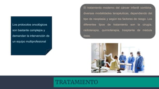 TRATAMIENTO
Los protocolos oncológicos
son bastante complejos y
demandan la intervención de
un equipo multiprofesional
El tratamiento moderno del cáncer infantil combina,
diversas modalidades terapéuticas, dependiendo del
tipo de neoplasia y según los factores de riesgo. Los
diferentes tipos de tratamiento son la cirugía,
radioterapia, quimioterapia, trasplante de médula
ósea.
 