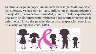 La familia juega un papel fundamental en el impacto del cáncer en
los niños/as, ya que por un lado, influye en el entendimiento y
manejo del proceso de la enfermedad, y por otro lado, experimenta
una serie de síntomas como respuesta a los acontecimientos de la
enfermedad, los cuales pueden afectar a la recuperación emocional
de sus hijos o hijas (Salcedo, 2012)
 