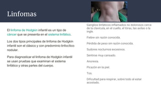 Linfomas
El linfoma de Hodgkin infantil es un tipo de
cáncer que se presenta en el sistema linfático.
Los dos tipos principales de linfoma de Hodgkin
infantil son el clásico y con predominio linfocítico
nodular.
Para diagnosticar el linfoma de Hodgkin infantil
se usan pruebas que examinan el sistema
linfático y otras partes del cuerpo.
Ganglios linfáticos inflamados no dolorosos cerca
de la clavícula, en el cuello, el tórax, las axilas o la
ingle.
Fiebre sin razón conocida.
Pérdida de peso sin razón conocida.
Sudores nocturnos excesivos.
Sentirse muy cansado.
Anorexia.
Picazón en la piel.
Tos.
Dificultad para respirar, sobre todo al estar
acostado.
 