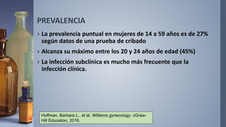 PREVALENCIA
› La prevalencia puntual en mujeres de 14 a 59 años es de 27%
según datos de una prueba de cribado
› Alcanza su máximo entre los 20 y 24 años de edad (45%)
› La infección subclínica es mucho más frecuente que la
infección clínica.
Hoffman, Barbara L., et al. Williams gynecology. cGraw-
Hill Education, 2016.
 