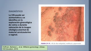 DIAGNÓSTICO
La VIN puede ser
asintomática y se
identifica en la
exploración ginecológica
de rutina o durante
valoración de la imagen
citológica anormal de
material cervicouterino
o vaginal.
Hoffman, Barbara L., et al. Williams gynecology. cGraw-
Hill Education, 2016.
 