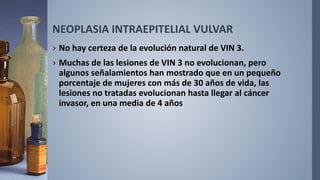 NEOPLASIA INTRAEPITELIAL VULVAR
› No hay certeza de la evolución natural de VIN 3.
› Muchas de las lesiones de VIN 3 no evolucionan, pero
algunos señalamientos han mostrado que en un pequeño
porcentaje de mujeres con más de 30 años de vida, las
lesiones no tratadas evolucionan hasta llegar al cáncer
invasor, en una media de 4 años
 