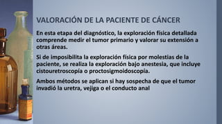 VALORACIÓN DE LA PACIENTE DE CÁNCER
En esta etapa del diagnóstico, la exploración física detallada
comprende medir el tumor primario y valorar su extensión a
otras áreas.
Si de imposibilita la exploración física por molestias de la
paciente, se realiza la exploración bajo anestesia, que incluye
cistouretroscopía o proctosigmoidoscopía.
Ambos métodos se aplican si hay sospecha de que el tumor
invadió la uretra, vejiga o el conducto anal
 