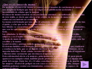 ¿Qué es el cáncer de mama? En medicina el cáncer de mama se conoce con el nombre de carcinoma de mama. Es una neoplasia maligna que tiene su origen en la proliferación acelerada e incontrolada de células que lo tapizan   El cáncer de mama consiste en un crecimiento anormal y desordenado de las células de éste tejido, es decir, que afecta a las células de la mama, de manera que éstas sufren un crecimiento no controlado.  La mama está formada por una serie de glándulas mamarias, que producen leche tras el parto, y a las que se les denomina lóbulos y lobulillos. Los lóbulos se encuentran conectados entre sí por unos tubos, conductos mamarios, que son los que conducen la leche al pezón, durante la lactancia, para alimentar al bebé.  Las glándulas (o lóbulos) y los conductos mamarios están inmersos en el tejido adiposo y en el tejido conjuntivo, que, junto con el tejido linfático, forman el seno.  A modo de muro de contención, actúa el músculo pectoral que se encuentra entre las costillas y la mama.  La piel recubre y protege toda la estructura mamaria. El sistema linfático está formado por recipientes y vasos o conductos que contienen y conducen la linfa, que es un líquido incoloro formado por glóbulos blancos, en su mayoría linfocitos. Estas células reconocen cualquier sustancia extraña al organismo y liberan otras sustancias que destruyen al agente agresor. Esta enfermedad afecta a la mujeres, principalmente a partir de los 50, pero puede aparecer en cualquier edad, también puede producir una metástasis en alguna otra parte del cuerpo. Entre los 45 y 55 años constituye la principal causa de muerte entre las mujeres. El nivel de peligro en este caso se encuentra bastante alto, aunque también podemos contar con tratamientos extraordinarios que son capaces de vencer el cáncer. 