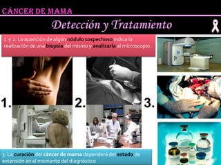 3. La  curación  del  cáncer de mama  dependerá del  estado  de extensión en el momento del diagnóstico 1  y 2. La aparición de algún  nódulo sospechoso  indica la realización de una  biopsia  del mismo y  analizarla   al microscopio . 3. 1. 2. 