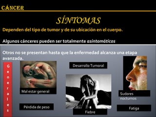 Dependen del tipo de tumor y de su ubicación en el cuerpo.  Algunos cánceres pueden ser totalmente  asintomáticos   Otros no se presentan hasta que la enfermedad alcanza una etapa avanzada.  Mal estar general Sudores nocturnos Fiebre Pérdida de peso Desarrollo Tumoral Fatiga 