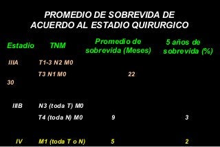 IIIA T1-3 N2 M0
T3 N1 M0 22
30
IIIB N3 (toda T) M0
T4 (toda N) M0 9 3
IV M1 (toda T o N) 5 2
PROMEDIO DE SOBREVIDA DE
ACUERDO AL ESTADIO QUIRURGICO
Estadio TNM
Promedio de
sobrevida (Meses)
5 años de
sobrevida (%)
 