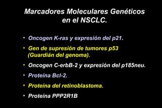 Marcadores Moleculares Genéticos
en el NSCLC.
• Oncogen K-ras y expresión del p21.
• Gen de supresión de tumores p53
(Guardián del genoma).
• Oncogen C-erbB-2 y expresión del p185neu.
• Proteína Bcl-2.
• Proteína del retinoblastoma.
• Proteína PPP2R1B
 