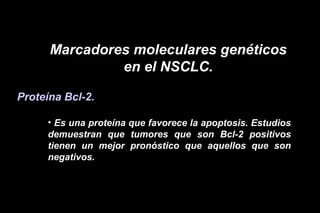 Marcadores moleculares genéticos
en el NSCLC.
Proteína Bcl-2.
• Es una proteína que favorece la apoptosis. Estudios
demuestran que tumores que son Bcl-2 positivos
tienen un mejor pronóstico que aquellos que son
negativos.
 