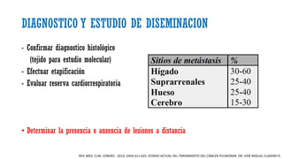 DIAGNOSTICO Y ESTUDIO DE DISEMINACION
- Confirmar diagnostico histológico
(tejido para estudio molecular)
- Efectuar etapificación
- Evaluar reserva cardiorrespiratoria
• Determinar la presencia o ausencia de lesiones a distancia
REV. MED. CLIN. CONDES - 2013; 24(4) 611-625. ESTADO ACTUAL DEL TRATAMIENTO DEL CÁNCER PULMONAR. DR. JOSÉ MIGUEL CLAVERO R.
 