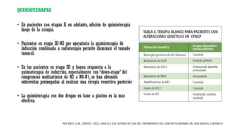 QUIMIOTERAPIA
• En pacientes con etapas II en adelante, adición de quimioterapia
luego de la cirugia.
• Pacientes en etapa III-N2 pre operatorio la quimioterapia de
inducción combinada a radioterapia permite disminuir el tamaño
tumoral.
• En los pacientes en etapa III y buena respuesta a la
quimioterapia de inducción, especialmente con “down-stage” del
compromiso mediastínico de N2 a N0-N1, se han obtenido
sobrevidas prolongadas al realizar una cirugía resectiva posterior
• La quimioterapia con dos drogas en base a platino es la mas
efectiva.
REV. MED. CLIN. CONDES - 2013; 24(4) 611-625. ESTADO ACTUAL DEL TRATAMIENTO DEL CÁNCER PULMONAR. DR. JOSÉ MIGUEL CLAVERO R.
 