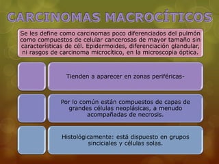 Se les define como carcinomas poco diferenciados del pulmón 
como compuestos de celular cancerosas de mayor tamaño sin 
características de cél. Epidermoides, diferenciación glandular, 
ni rasgos de carcinoma microcítico, en la microscopia óptica. 
Tienden a aparecer en zonas periféricas- 
Por lo común están compuestos de capas de 
grandes células neoplásicas, a menudo 
acompañadas de necrosis. 
Histológicamente: está dispuesto en grupos 
sinciciales y células solas. 
 