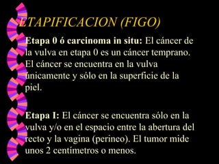 ETAPIFICACION (FIGO)
Etapa 0 ó carcinoma in situ: El cáncer de
la vulva en etapa 0 es un cáncer temprano.
El cáncer se encuentra en la vulva
únicamente y sólo en la superficie de la
piel.
Etapa I: El cáncer se encuentra sólo en la
vulva y/o en el espacio entre la abertura del
recto y la vagina (perineo). El tumor mide
unos 2 centímetros o menos.
 