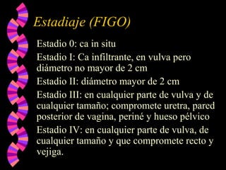 Estadiaje (FIGO)
Estadio 0: ca in situ
Estadio I: Ca infiltrante, en vulva pero
diámetro no mayor de 2 cm
Estadio II: diámetro mayor de 2 cm
Estadio III: en cualquier parte de vulva y de
cualquier tamaño; compromete uretra, pared
posterior de vagina, periné y hueso pélvico
Estadio IV: en cualquier parte de vulva, de
cualquier tamaño y que compromete recto y
vejiga.
 