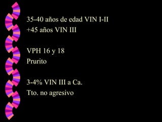 35-40 años de edad VIN I-II
+45 años VIN III
VPH 16 y 18
Prurito
3-4% VIN III a Ca.
Tto. no agresivo
 