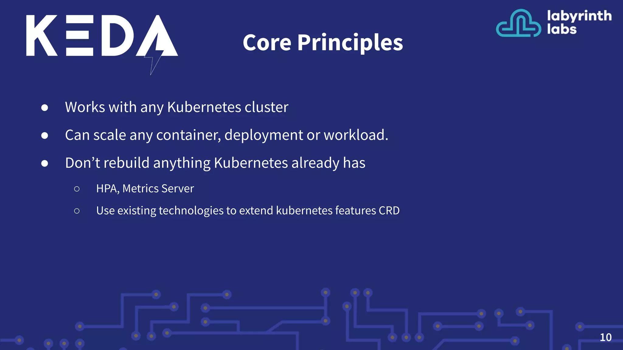 Core Principles
● Works with any Kubernetes cluster
● Can scale any container, deployment or workload.
● Don’t rebuild anything Kubernetes already has
○ HPA, Metrics Server
○ Use existing technologies to extend kubernetes features CRD
10
 