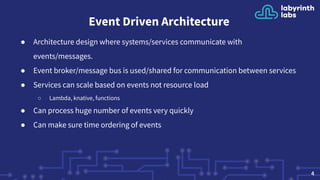 Event Driven Architecture
● Architecture design where systems/services communicate with
events/messages.
● Event broker/message bus is used/shared for communication between services
● Services can scale based on events not resource load
○ Lambda, knative, functions
● Can process huge number of events very quickly
● Can make sure time ordering of events
4
 