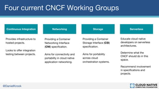 @DanielKrook
Four current CNCF Working Groups
Provides infrastructure to
hosted projects.
Looks to offer integration
testi...
