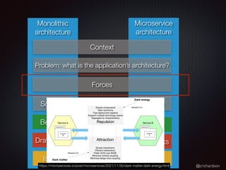 @crichardson
Microservice
architecture
Monolithic
architecture
Bene
fi
ts
Drawbacks
Issues
Context
Problem: what is the application’s architecture?
Solution
Forces
Bene
fi
ts
Drawbacks
Issues
Solution
Subdomain A
«Aggregate»
X
Subdomain B
«Aggregate»
Y
Service A Service B
Attraction
Simple interactions
Eﬃcient interactions
Prefer ACID over BASE
Minimize runtime coupling
Minimize design time coupling
Simple components
Team autonomy
Fast deployment pipeline
Support multiple technology stacks
Segregate by characteristics
Repulsion
Dark energy
Dark matter
Metaphor for
Metaphor for
https://microservices.io/post/microservices/2021/11/30/dark-matter-dark-energy.html
 