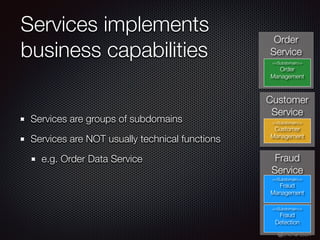 @crichardson
Services implements
business capabilities
Services are groups of subdomains
Services are NOT usually technical functions
e.g. Order Data Service Fraud
Service
Customer
Service
Order
Service
<<Subdomain>>
Order
Management
<<Subdomain>>
Customer
Management
<<Subdomain>>
Fraud
Management
<<Subdomain>>
Fraud
Detection
 