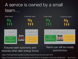 @crichardson
Dark
matter
A service is owned by a small
team…
Order team
Order
Service
<<Subdomain>>
Order
Management
Customer team
Customer
Service
<<Subdomain>>
Customer
Management
Order team
Order Service
<<Subdomain>>
Order
Management
Customer team
<<Subdomain>>
Customer
Management
Ensures team autonomy and
resolves other dark energy forces
Teams can still be mostly
autonomous
Dark
matter
https://microservices.io/patterns/decomposition/service-per-team.html
https://microservices.io/post/antipatterns/2019/05/21/antipattern-more-the-merrier.html
 