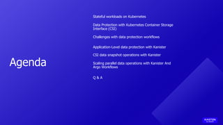 Agenda
Stateful workloads on Kubernetes
Data Protection with Kubernetes Container Storage
Interface (CSI)
Challenges with ...