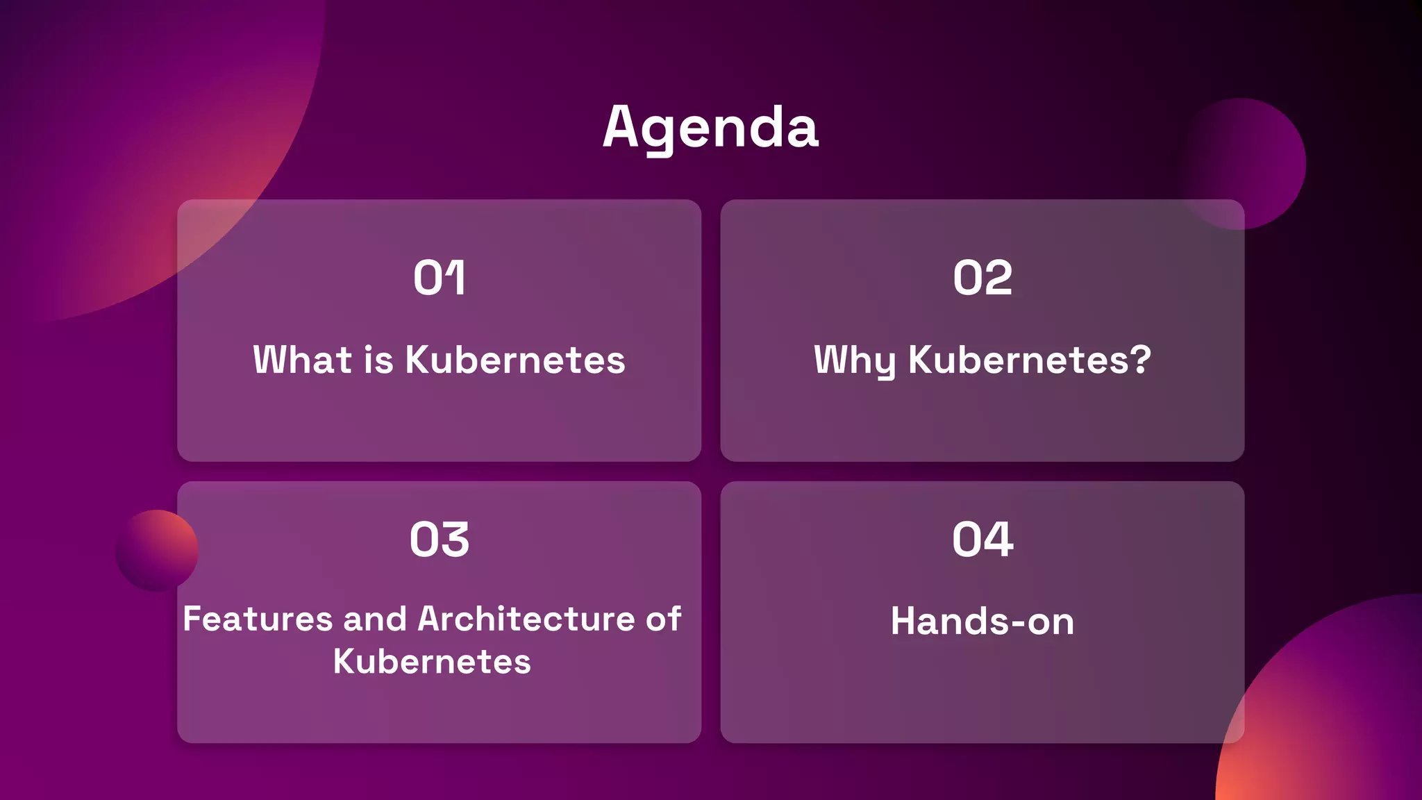Agenda
What is Kubernetes Why Kubernetes?
Features and Architecture of
Kubernetes
Hands-on
01
03
02
04
 