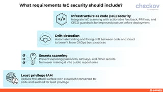 What requirements IaC security should include?
Infrastructure as code (IaC) security
Integrate IaC scanning with actionable feedback, PR ﬁxes, and
CI/CD guardrails for improved posture before deployment
Drift detection
Automate ﬁnding and ﬁxing drift between code and cloud
to beneﬁt from GitOps best practices
Secrets scanning
Prevent exposing passwords, API keys, and other secrets
from ever making it into public repositories
Least privilege IAM
Reduce the attack surface with cloud IAM converted to
code and audited for least privilege
 