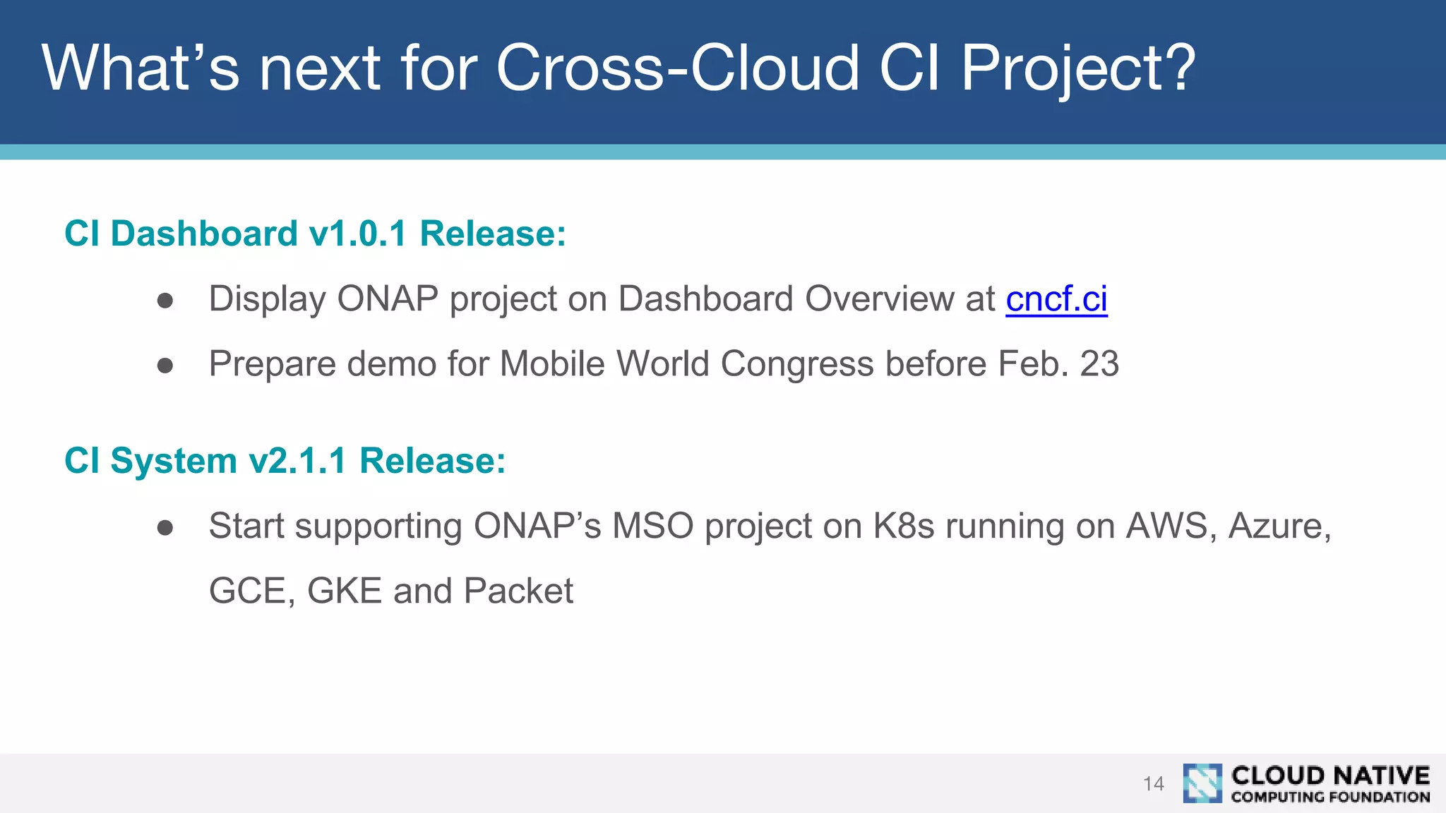 What’s next for Cross-Cloud CI Project?
14
CI Dashboard v1.0.1 Release:
● Display ONAP project on Dashboard Overview at cncf.ci
● Prepare demo for Mobile World Congress before Feb. 23
CI System v2.1.1 Release:
● Start supporting ONAP’s MSO project on K8s running on AWS, Azure,
GCE, GKE and Packet
 