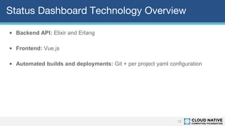 Status Dashboard Technology Overview
13
• Backend API: Elixir and Erlang
• Frontend: Vue.js
• Automated builds and deployments: Git + per project yaml configuration
 