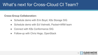 What’s next for Cross-Cloud CI Team?
18
Cross-Group Collaboration:
● Schedule demo with Erin Boyd, K8s Storage SIG
● Schedule demo with Ed Vielmetti, Packet+ARM team
● Connect with K8s Conformance SIG
● Follow-up with Chris Hoge, OpenStack
 