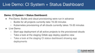 Live Demo: CI System + Status Dashboard
7
Demo: CI System + Status Dashboard:
● Pre-Demo: Builds and cloud provisioning were run in advance
○ Builds for all projects currently take 15-30 minutes
○ Kubernetes provisioning of all clouds currently takes 15-30 minutes
● Live Demo:
○ Start app deployment of all active projects to the provisioned clouds
○ Take a look at the staging Gitlab app deploy pipeline view
○ Take a look at the staging CI status dashboard showing app
deployments
 