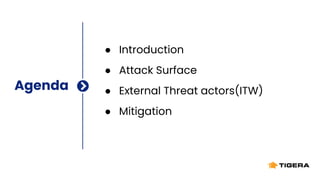 Agenda
● Introduction
● Attack Surface
● External Threat actors(ITW)
● Mitigation
 