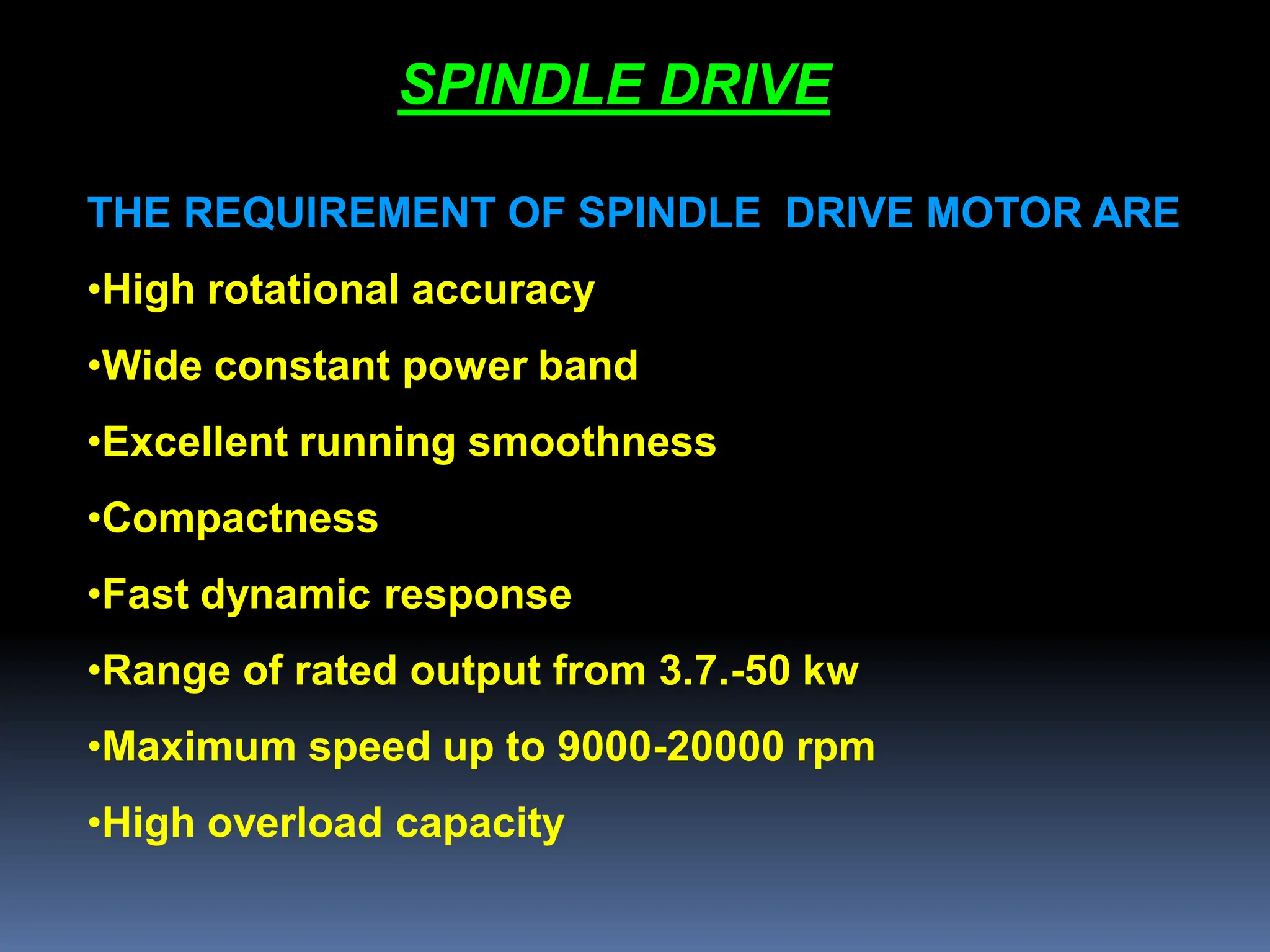 SPINDLE DRIVE
THE REQUIREMENT OF SPINDLE DRIVE MOTOR ARE
•High rotational accuracy
•Wide constant power band
•Excellent running smoothness
•Compactness
•Fast dynamic response
•Range of rated output from 3.7.-50 kw
•Maximum speed up to 9000-20000 rpm
•High overload capacity
 