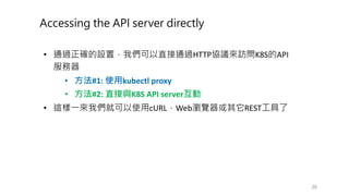 • I HTTP K8S API
• #1: kubectl proxy
• #2: K8S API server
• P cURL Web A REST
 