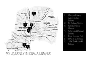1. Malayan Railway
Administration
Building
2. KL Railway Station
3. National Textile
Museum
4. Sultan Abdul Samad
Building
5. Royal Selangor Club
6. DBKL City Theatre
7. Jalan Tuanku Abdul
Rahman
MY JOURNEY IN KUALA LUMPUR
4
3
5
2
1
6
7
 