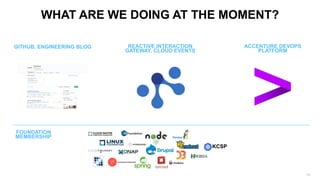 16
WHAT ARE WE DOING AT THE MOMENT?
REACTIVE INTERACTION
GATEWAY, CLOUD EVENTS
ACCENTURE DEVOPS
PLATFORM
KCSP
GITHUB, ENGINEERING BLOG
FOUNDATION
MEMBERSHIP
 
