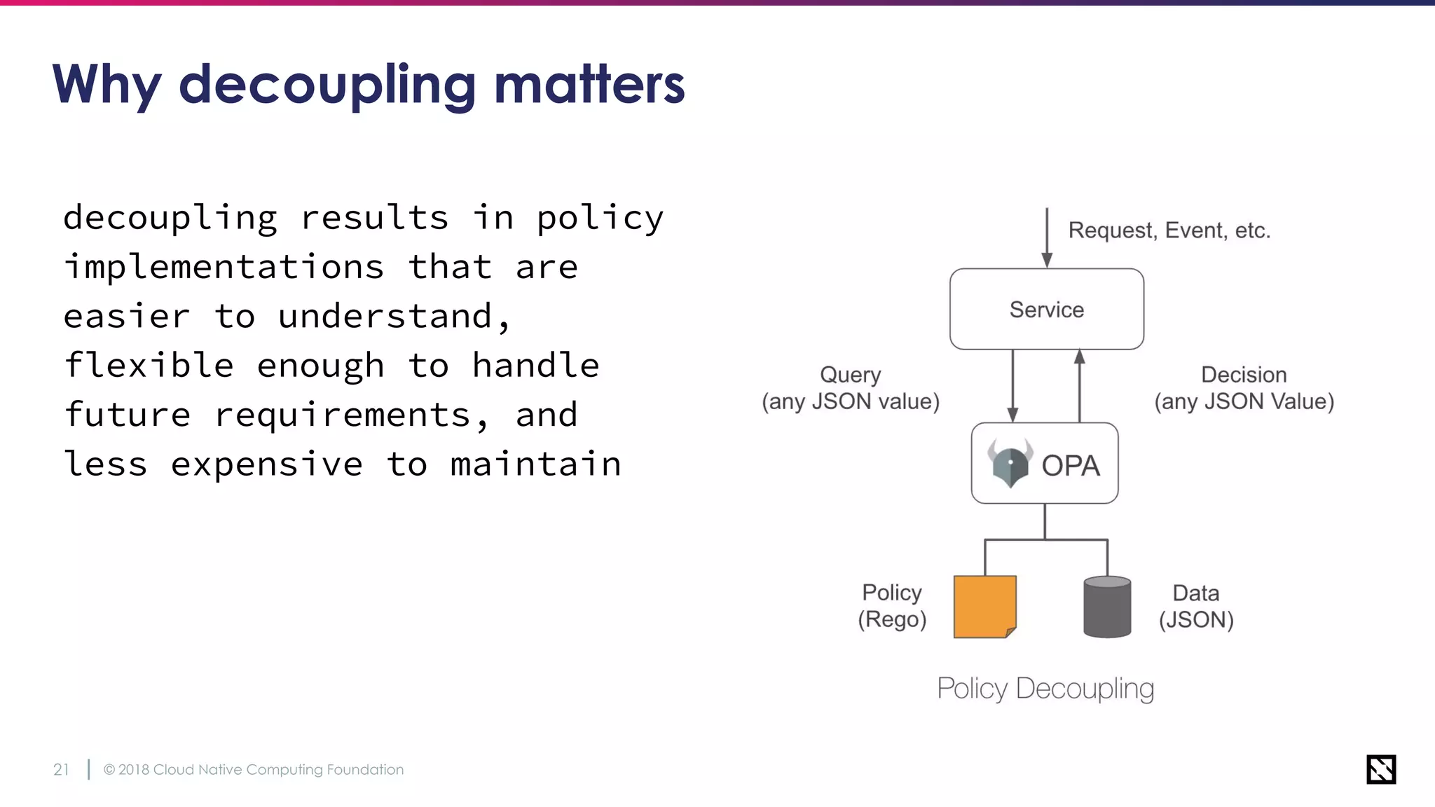 © 2018 Cloud Native Computing Foundation21
Why decoupling matters
decoupling results in policy
implementations that are
easier to understand,
flexible enough to handle
future requirements, and
less expensive to maintain
 