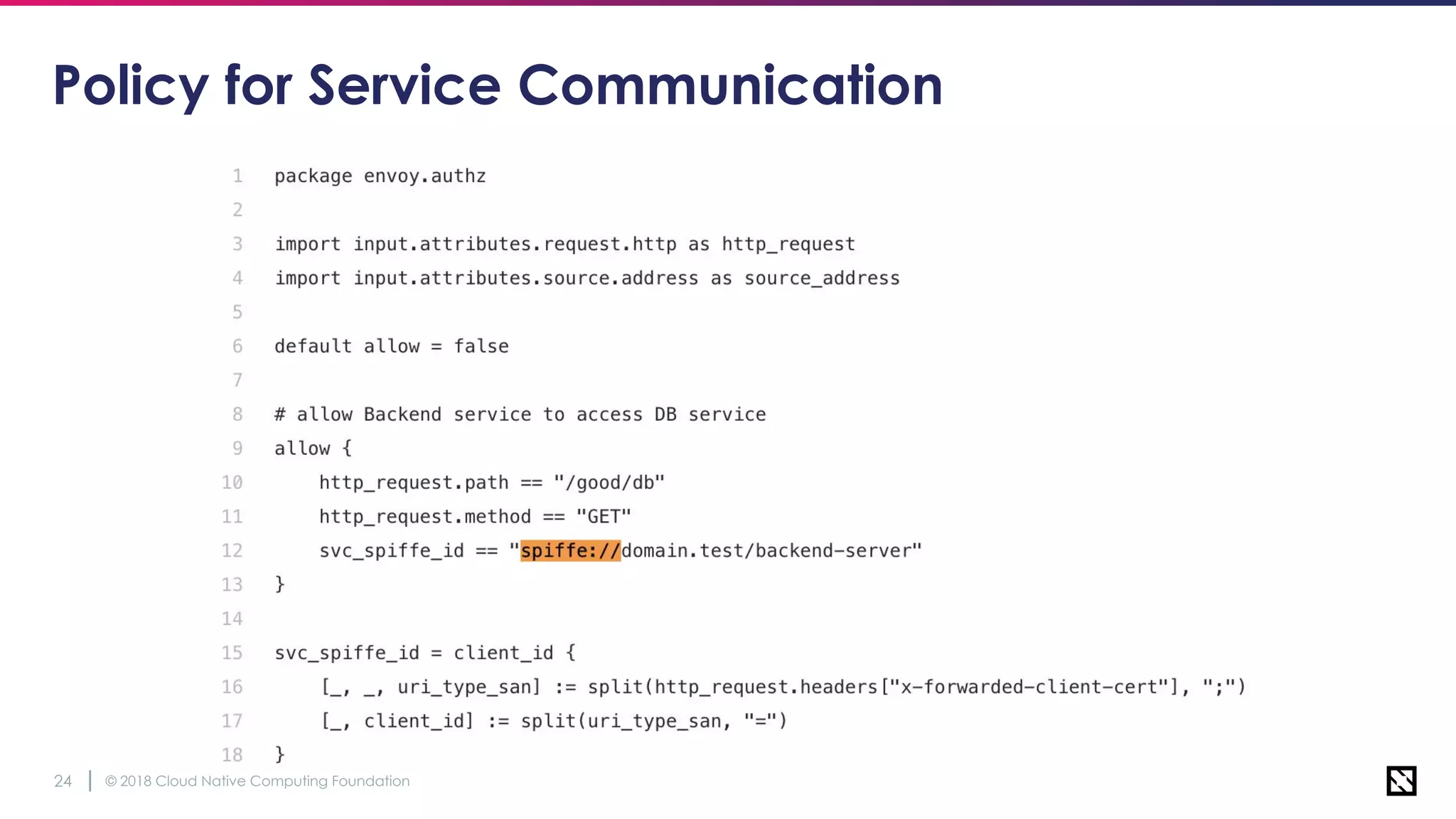 © 2018 Cloud Native Computing Foundation24
Policy for Service Communication
 