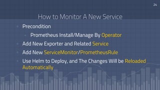 24
How to Monitor A New Service
▫ Precondition
- Prometheus Install/Manage By Operator
▫ Add New Exporter and Related Serv...