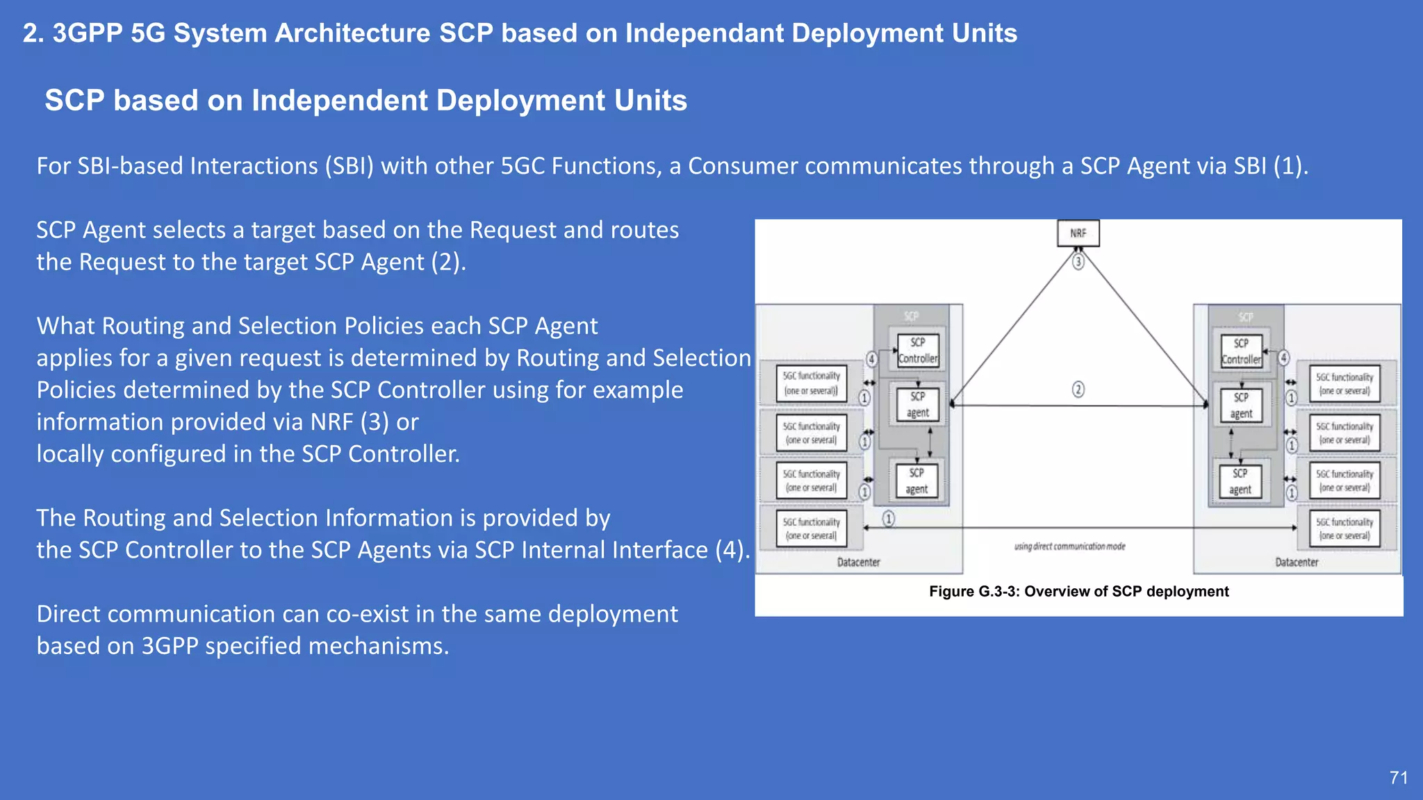 2. 3GPP 5G System Architecture SCP based on Independant Deployment Units
71
SCP based on Independent Deployment Units
For SBI-based Interactions (SBI) with other 5GC Functions, a Consumer communicates through a SCP Agent via SBI (1).
SCP Agent selects a target based on the Request and routes
the Request to the target SCP Agent (2).
What Routing and Selection Policies each SCP Agent
applies for a given request is determined by Routing and Selection
Policies determined by the SCP Controller using for example
information provided via NRF (3) or
locally configured in the SCP Controller.
The Routing and Selection Information is provided by
the SCP Controller to the SCP Agents via SCP Internal Interface (4).
Direct communication can co-exist in the same deployment
based on 3GPP specified mechanisms.
Figure G.3-3: Overview of SCP deployment
 