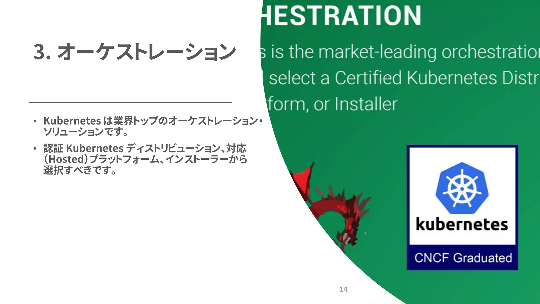 3. オーケストレーション
• Kubernetes は業界トップのオーケストレーション・
ソリューションです。
• 認証 Kubernetes ディストリビューション、対応
（Hosted）プラットフォーム、インストーラーから
選択すべきです。
14
 