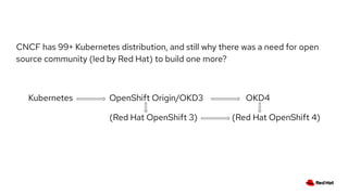 CNCF has 99+ Kubernetes distribution, and still why there was a need for open
source community (led by Red Hat) to build one more?
Kubernetes OpenShift Origin/OKD3 OKD4
(Red Hat OpenShift 3) (Red Hat OpenShift 4)
 
