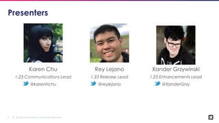 © 2022 Cloud Native Computing Foundation
2
Karen Chu
1.23 Communications Lead
@karenhchu
Presenters
Xander Grzywinski
1.23...