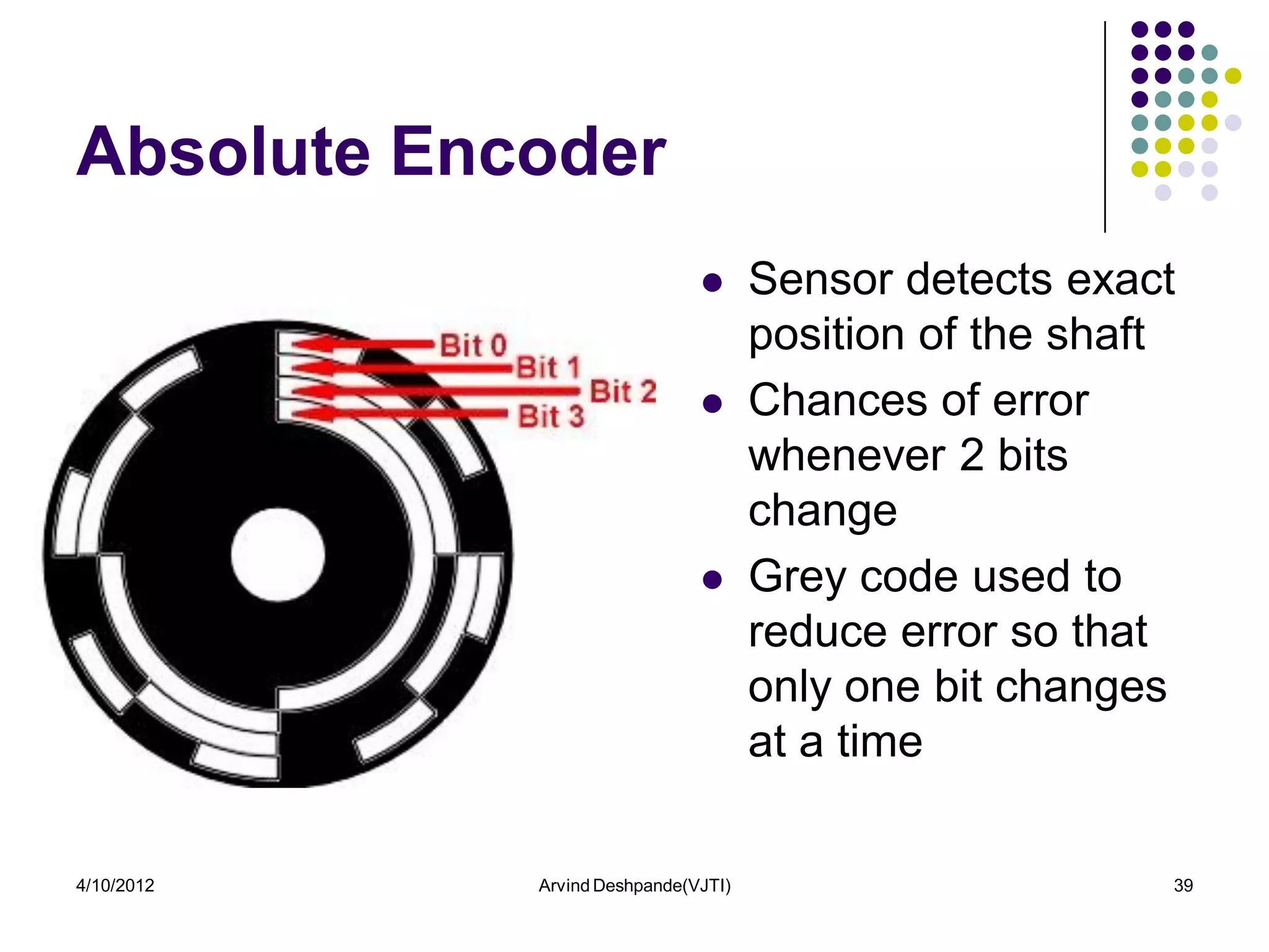Absolute Encoder
                                    Sensor detects exact
                                     position of the shaft
                                    Chances of error
                                     whenever 2 bits
                                     change
                                    Grey code used to
                                     reduce error so that
                                     only one bit changes
                                     at a time

4/10/2012   Arvind Deshpande(VJTI)                       39
 
