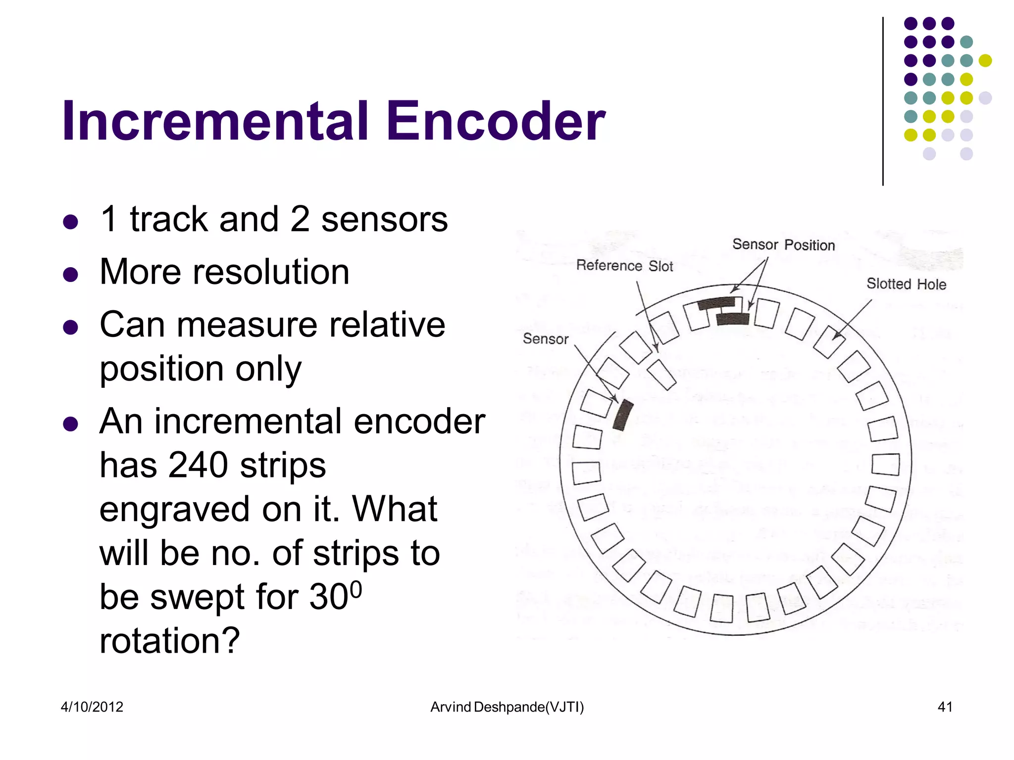 Incremental Encoder
    1 track and 2 sensors
    More resolution
    Can measure relative
     position only
    An incremental encoder
     has 240 strips
     engraved on it. What
     will be no. of strips to
     be swept for 300
     rotation?
4/10/2012                Arvind Deshpande(VJTI)   41
 