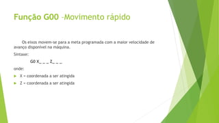 Função G00 –Movimento rápido
Os eixos movem-se para a meta programada com a maior velocidade de
avanço disponível na máquina.
Sintaxe:
G0 X_ _ _ Z_ _ _
onde:
 X = coordenada a ser atingida
 Z = coordenada a ser atingida
 